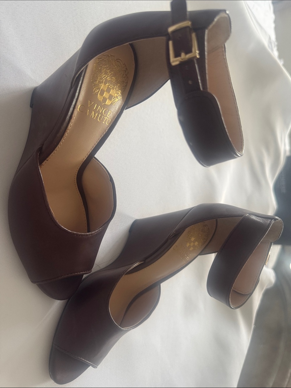 Vince Camuto Dark Brown Leather Peep-Toe Ankle Strap Wedges
